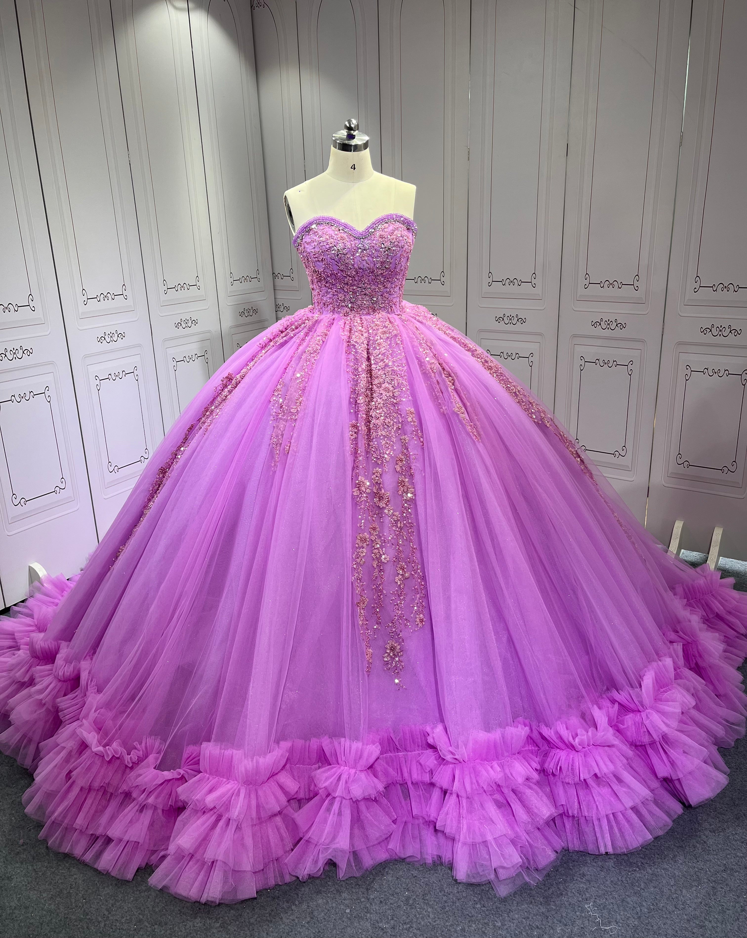 Ruffled Lilac Quince Dress Sleeveless Vestidos De 15 Anos Crystal Strapless Sweet 15 Gowns