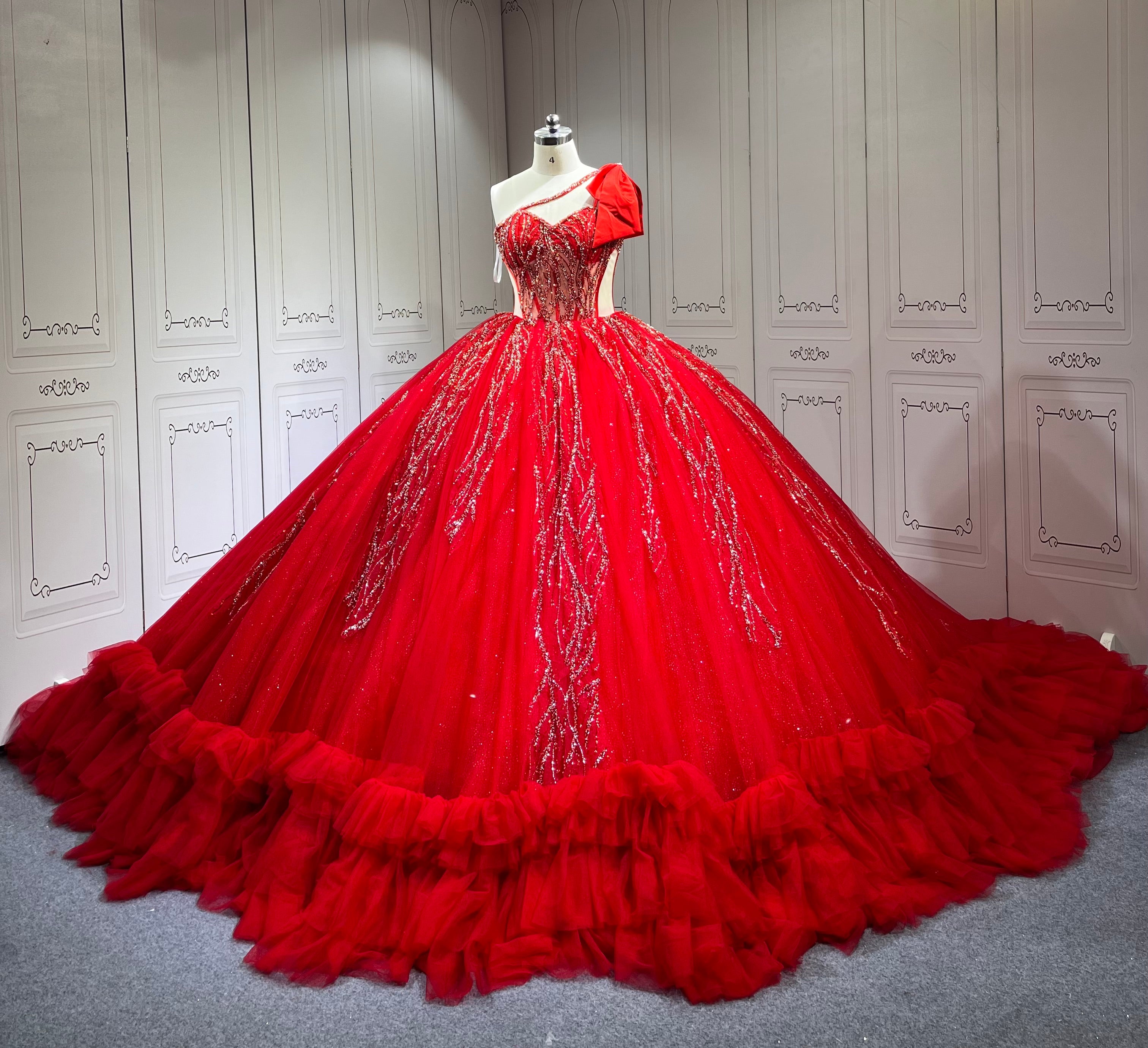 One Shoulder Red Quinceanera Dress Sleeveless Sweet 15 Gowns Ruffled Princess Dress With Bow And Ruffles