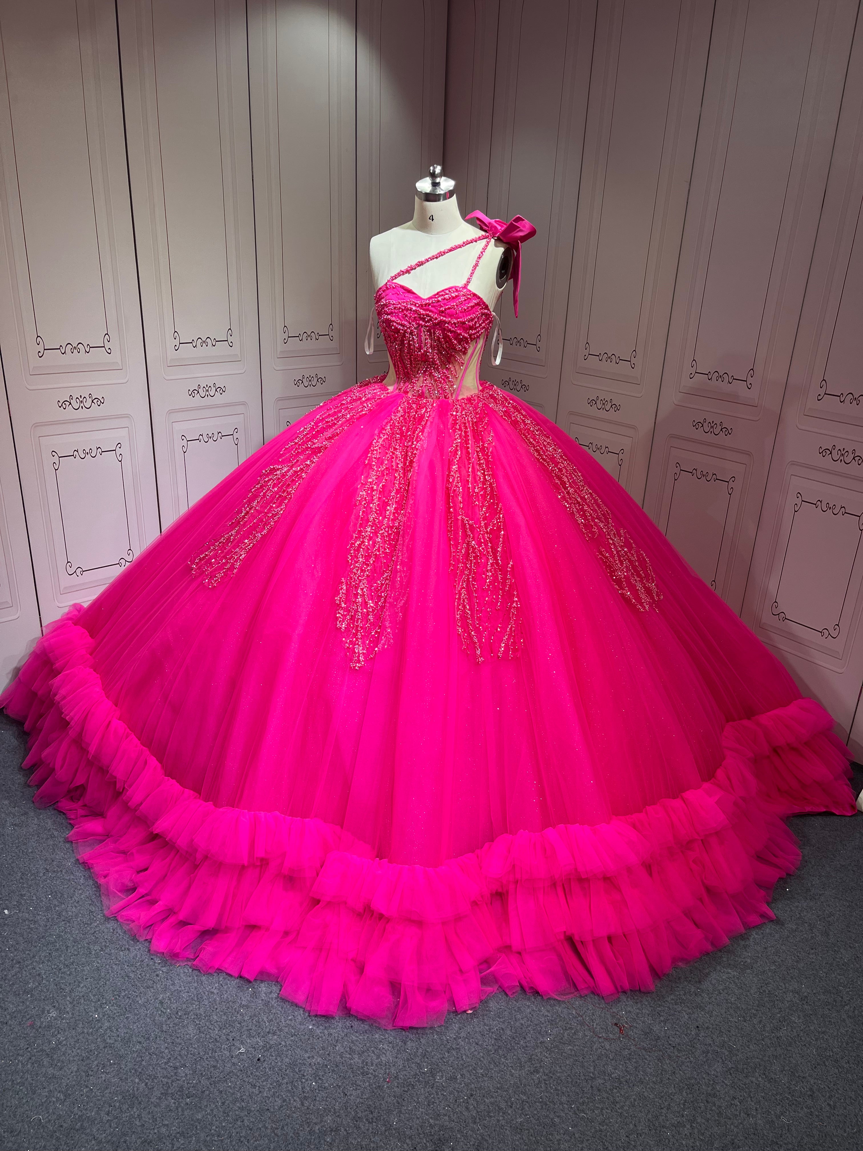 Mumuleo Fuchsia Sweet 16 Dress Vestido 15 Aos Con Cola Desmontable Vestidos De Quinceaneras Ball Gown Prom Dress with Long Train