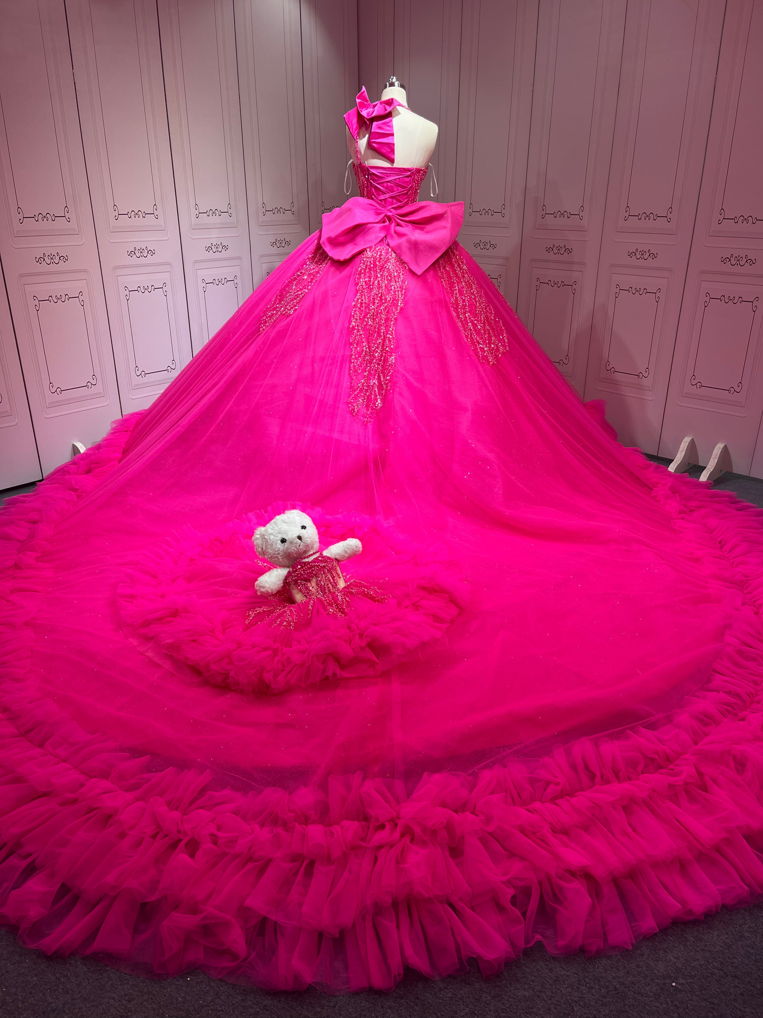 Mumuleo Fuchsia Sweet 16 Dress Vestido 15 Aos Con Cola Desmontable Vestidos De Quinceaneras Ball Gown Prom Dress with Long Train