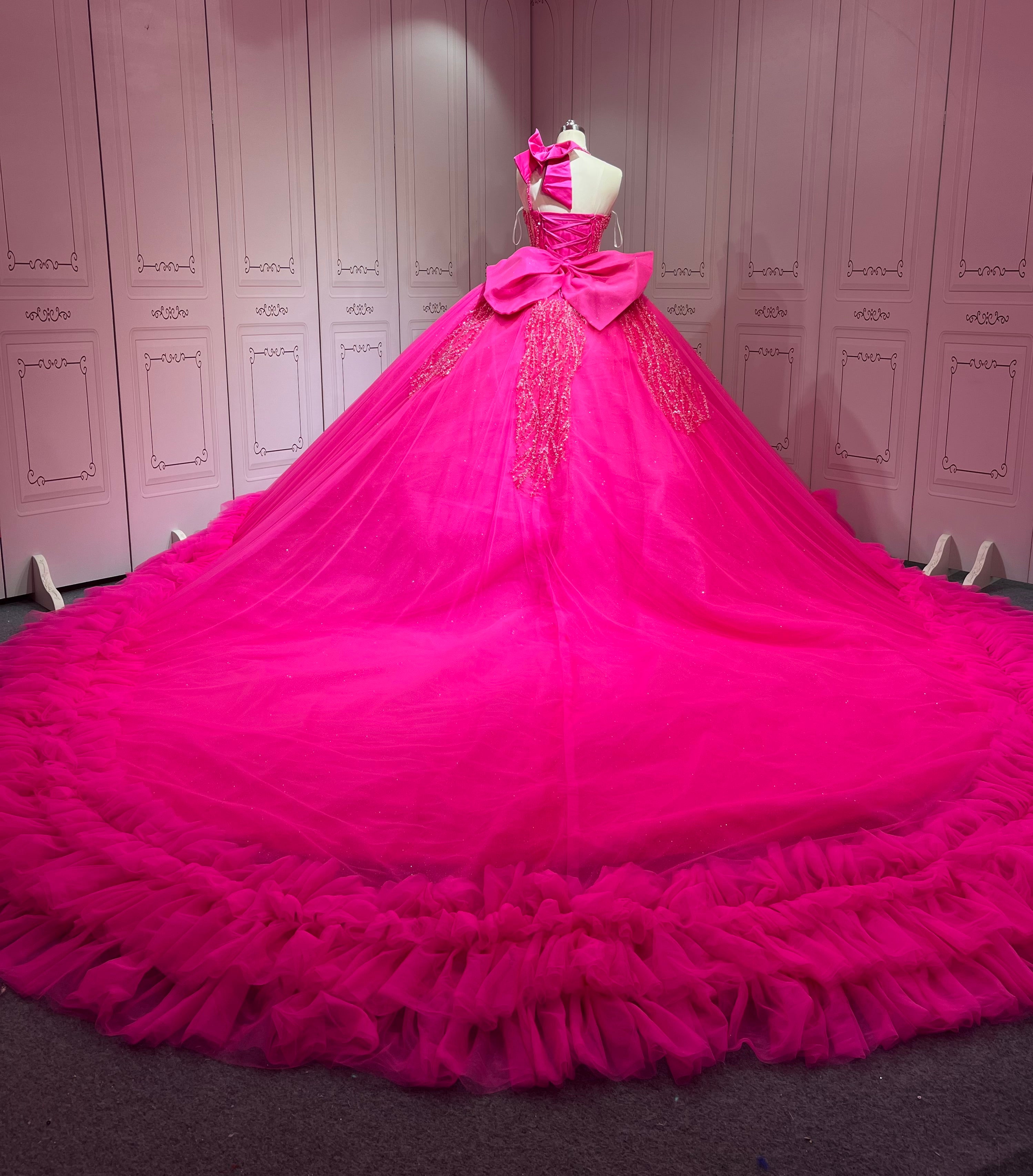 Mumuleo Fuchsia Sweet 16 Dress Vestido 15 Aos Con Cola Desmontable Vestidos De Quinceaneras Ball Gown Prom Dress with Long Train