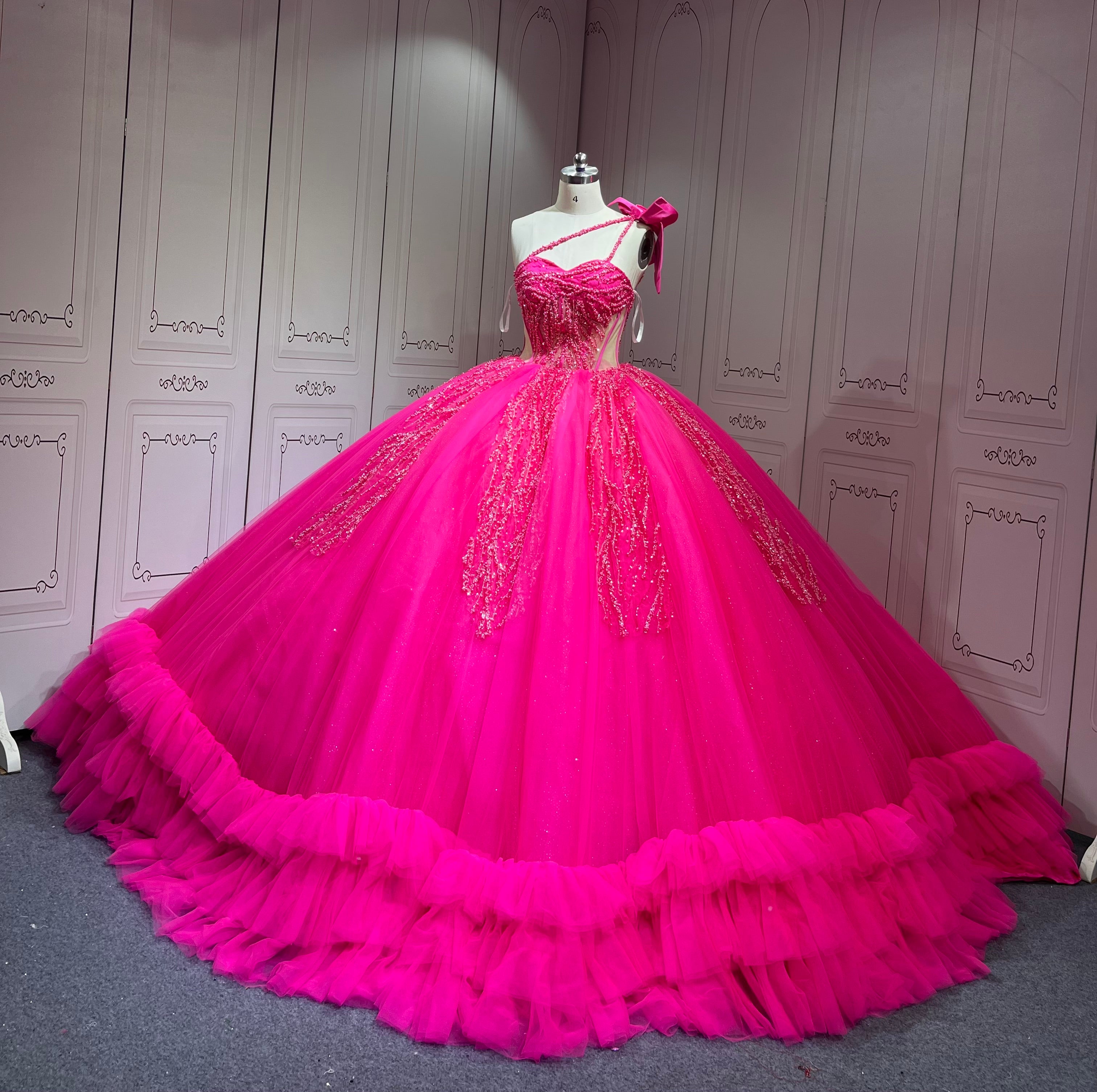 Mumuleo Fuchsia Sweet 16 Dress Vestido 15 Aos Con Cola Desmontable Vestidos De Quinceaneras Ball Gown Prom Dress with Long Train