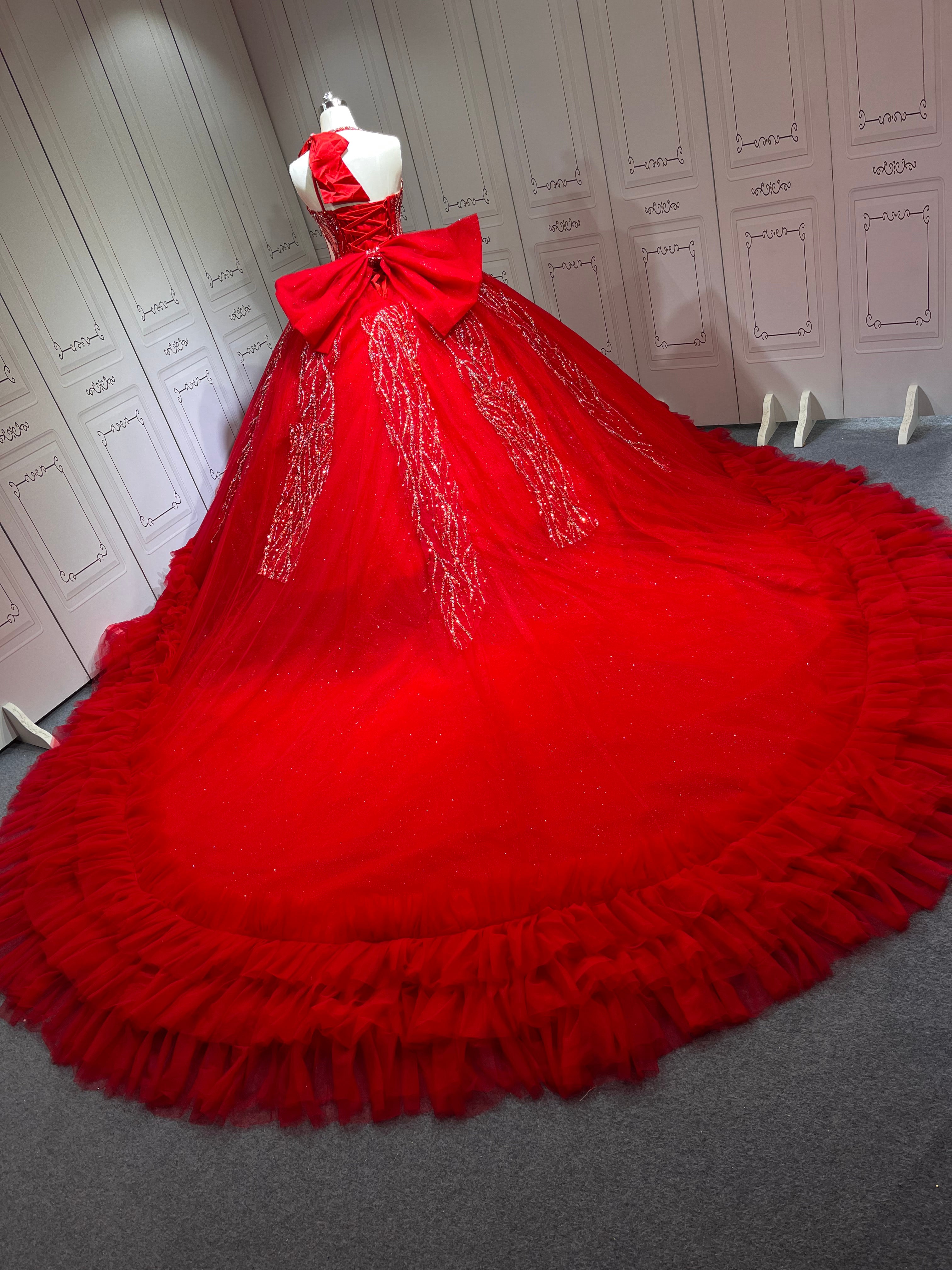 One Shoulder Red Quinceanera Dress Sleeveless Sweet 15 Gowns Ruffled Princess Dress With Bow And Ruffles