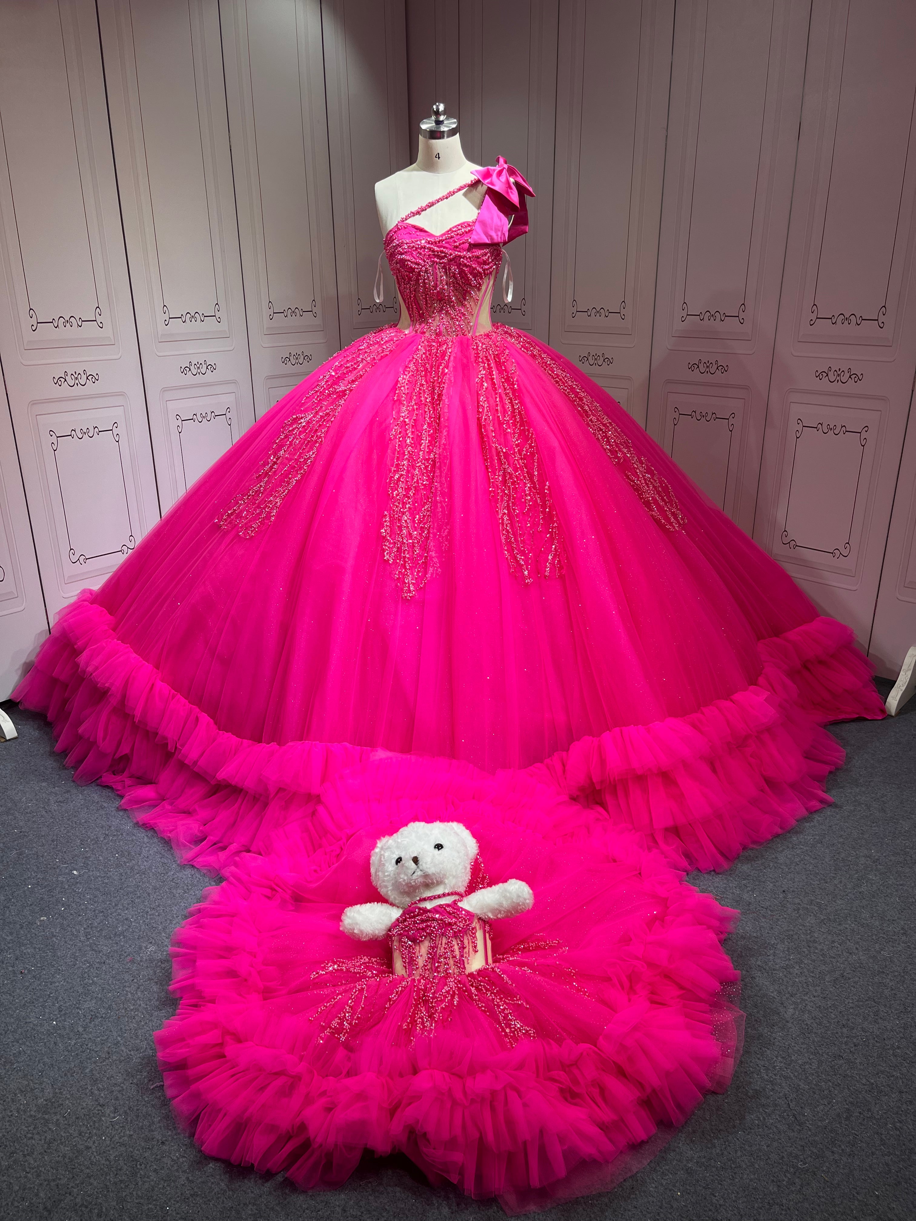 Mumuleo Fuchsia Sweet 16 Dress Vestido 15 Aos Con Cola Desmontable Vestidos De Quinceaneras Ball Gown Prom Dress with Long Train