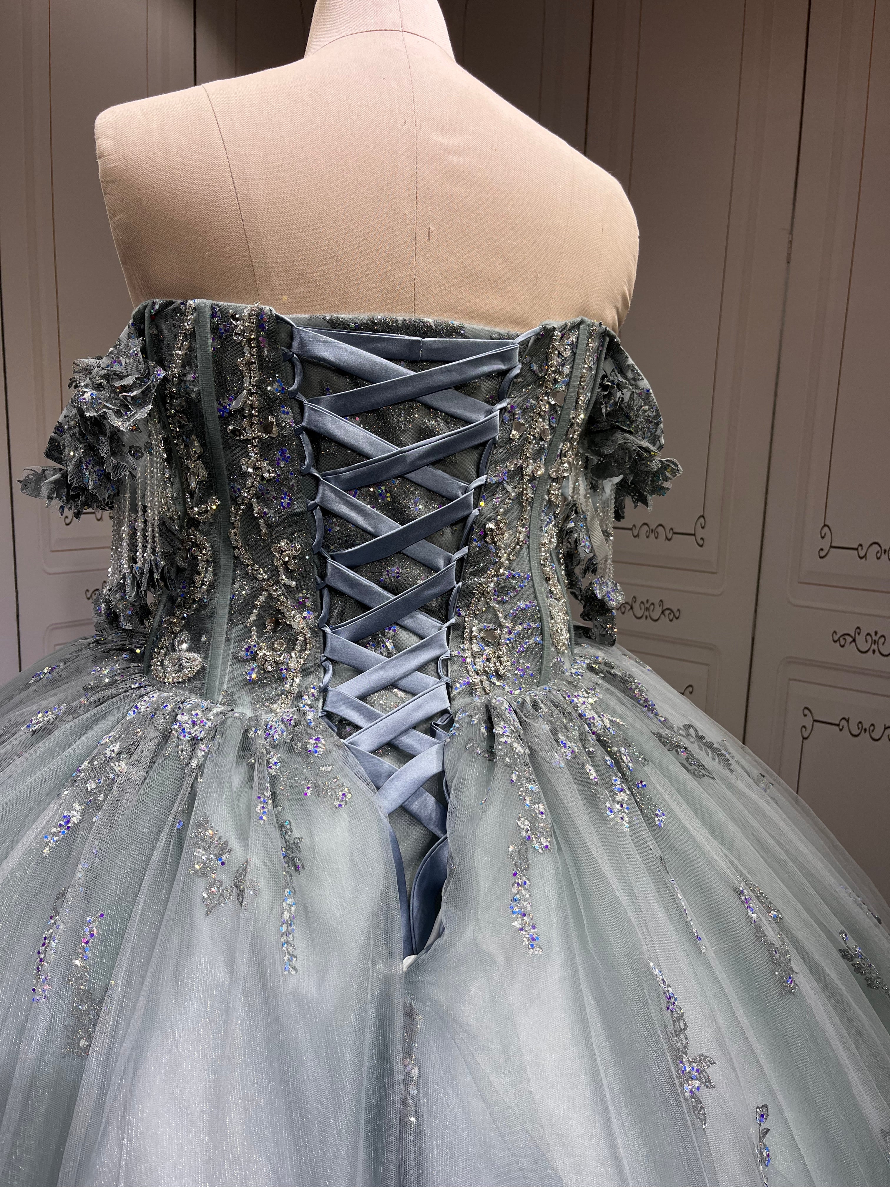 Mumuleo Metallic Blue Quinceanera Dress Lace Appliques 15 Dresses Ball Gown Vestidos Anos Quinceaneras Vestido Fiesta
