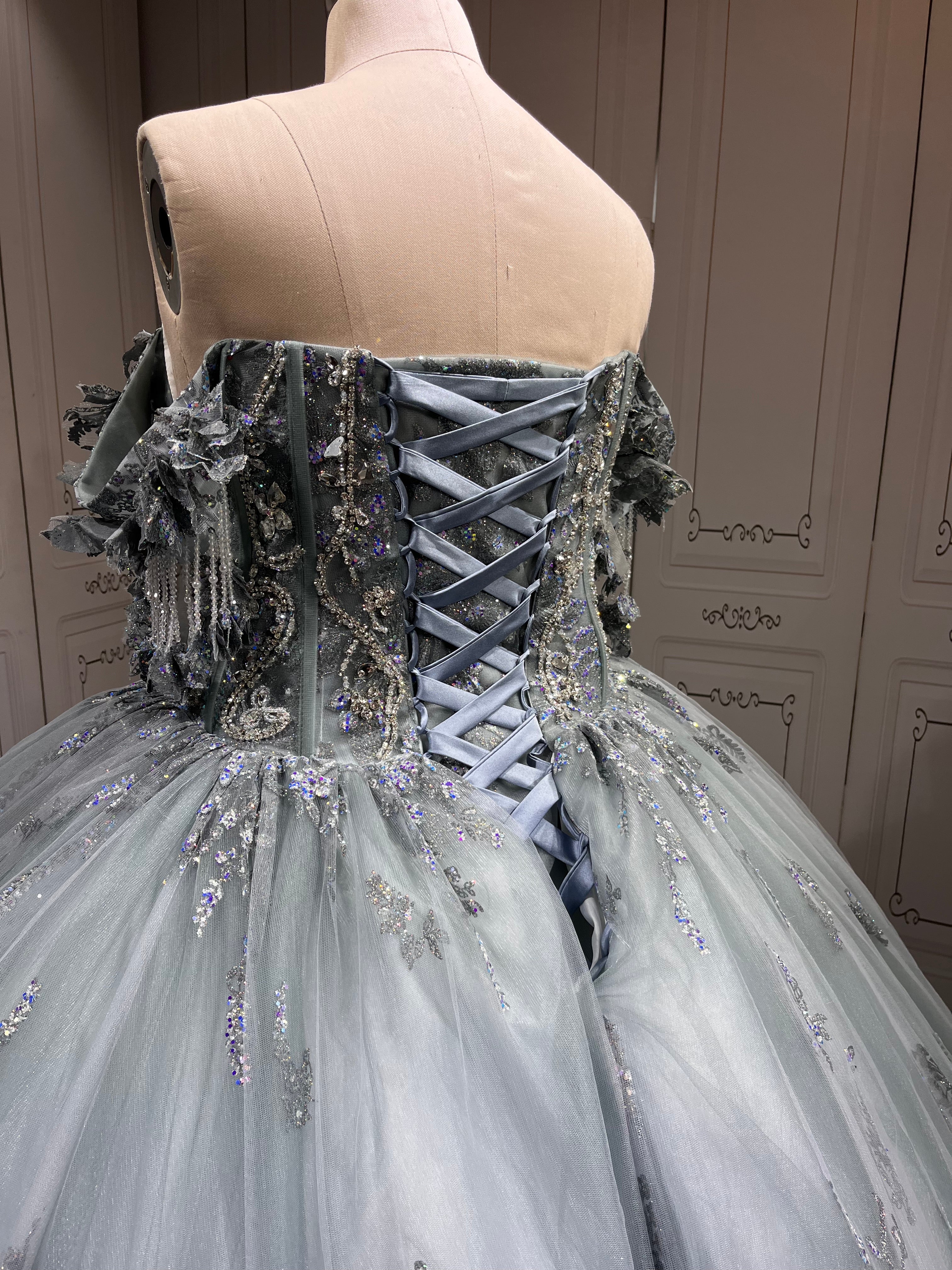 Mumuleo Metallic Blue Quinceanera Dress Lace Appliques 15 Dresses Ball Gown Vestidos Anos Quinceaneras Vestido Fiesta
