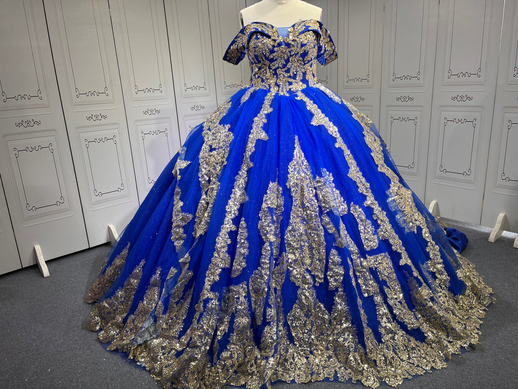 Custom Made Royal Blue Quince Dress Off Shoulder Luxury Vestidos De 15 Anos 2025 Ball Gown Princess Dress