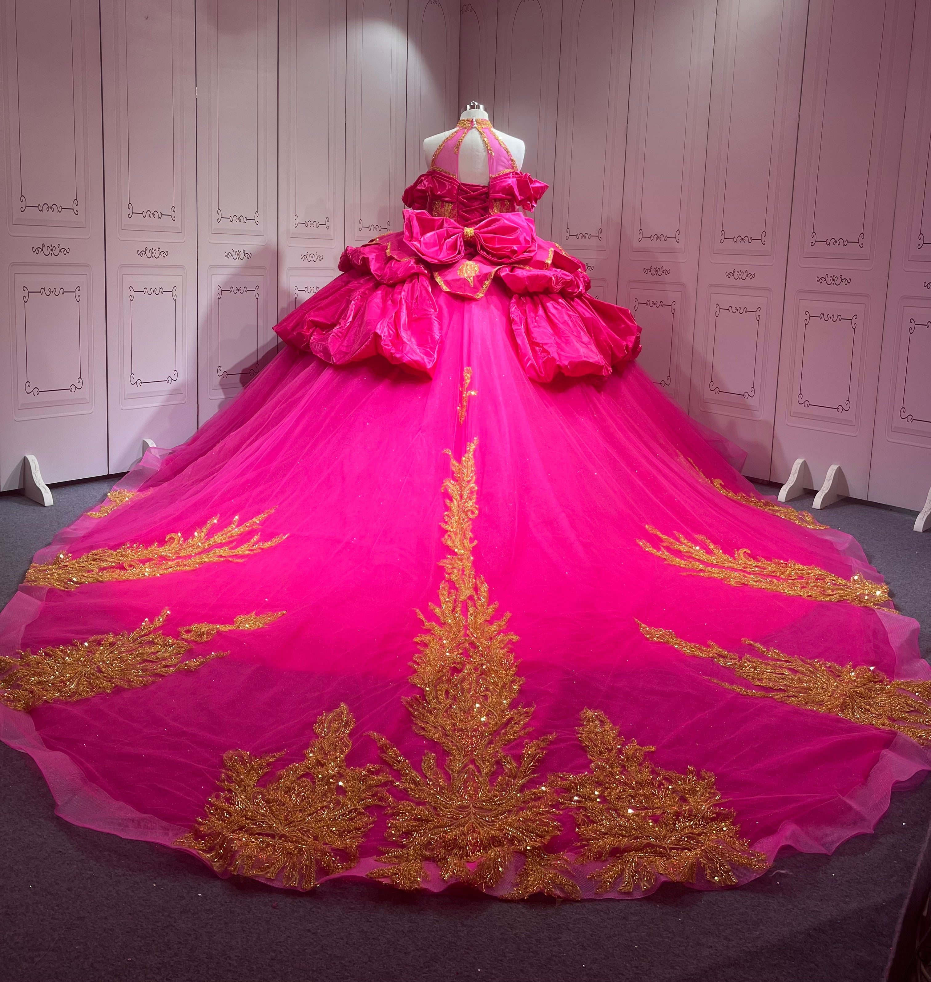 Hot Pink Fuchsia Quinceanera Dress Halter Vestido de XV with Gold Appliques