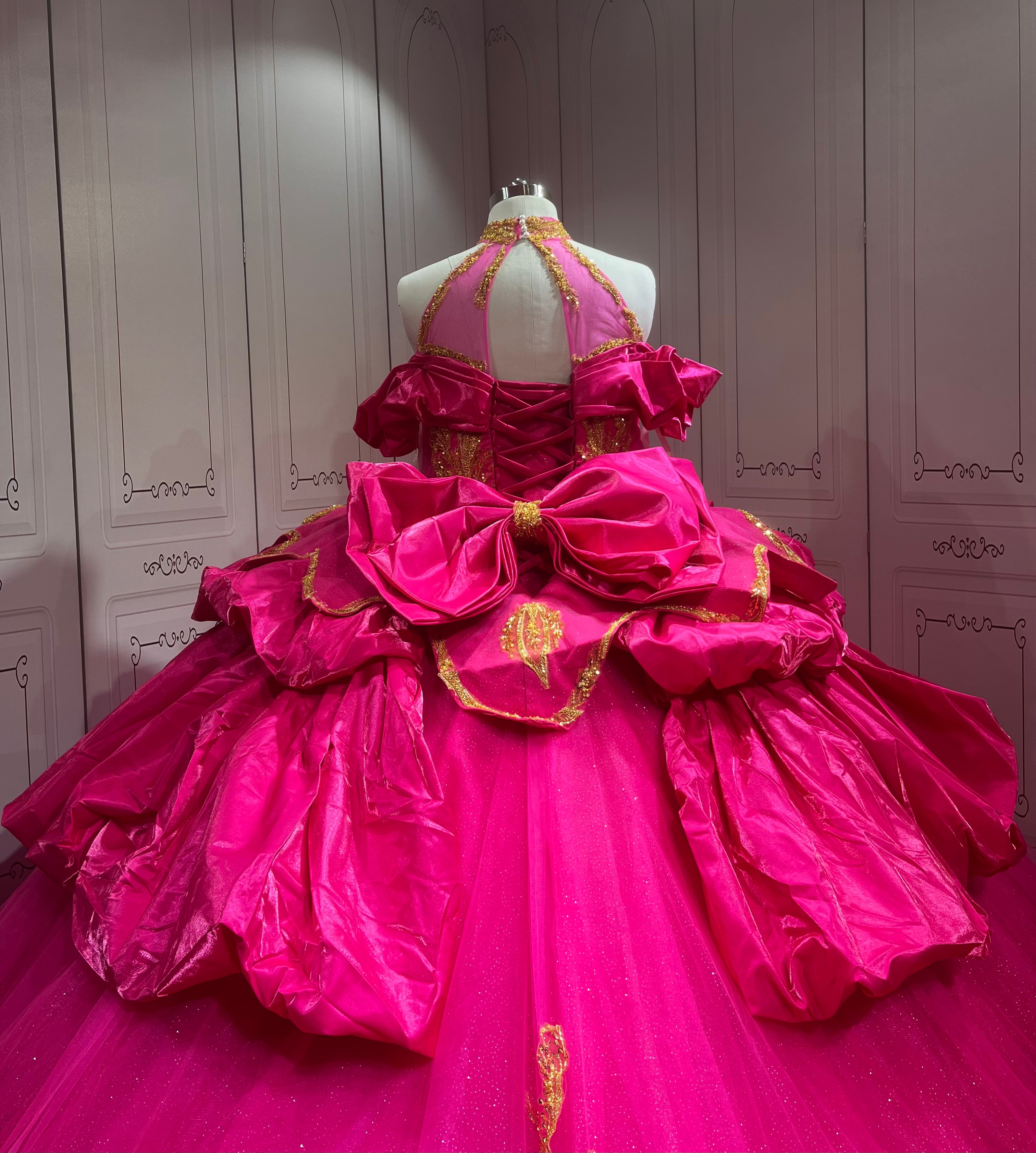 Hot Pink Fuchsia Quinceanera Dress Halter Vestido de XV with Gold Appliques