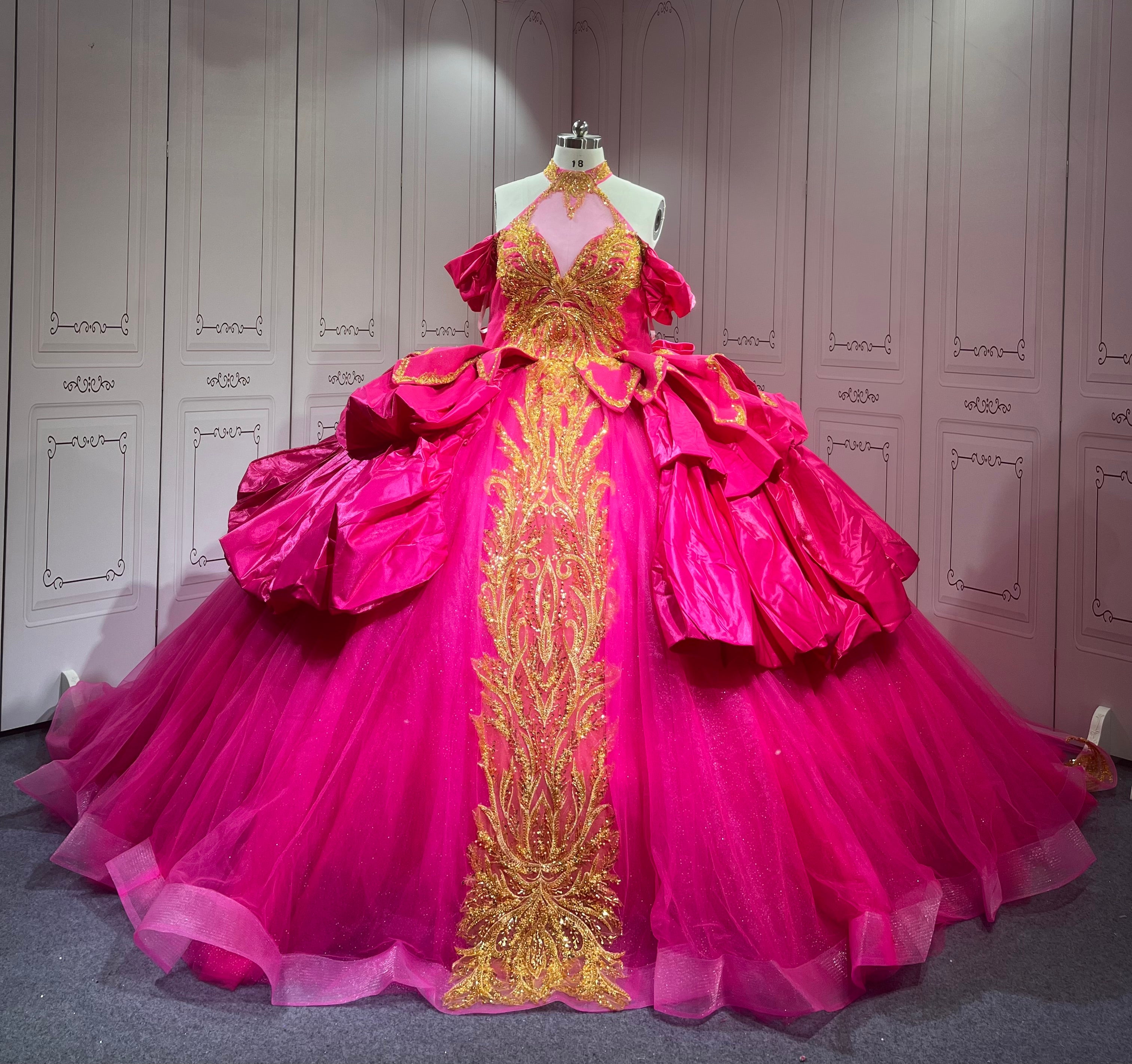 Hot Pink Fuchsia Quinceanera Dress Halter Vestido de XV with Gold Appliques