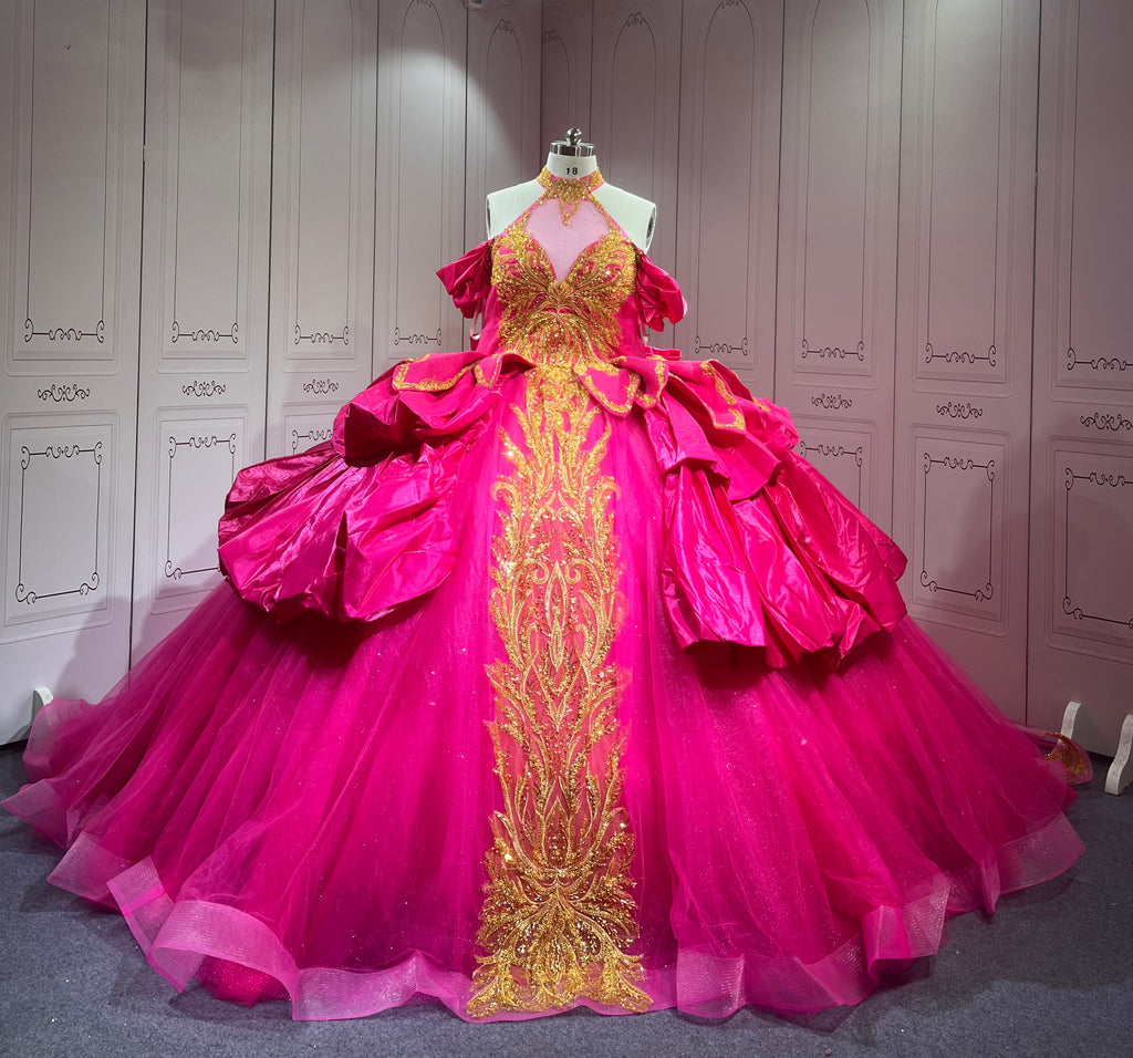 Hot Pink Fuchsia Quinceanera Dress Halter Vestido de XV with Gold Appliques
