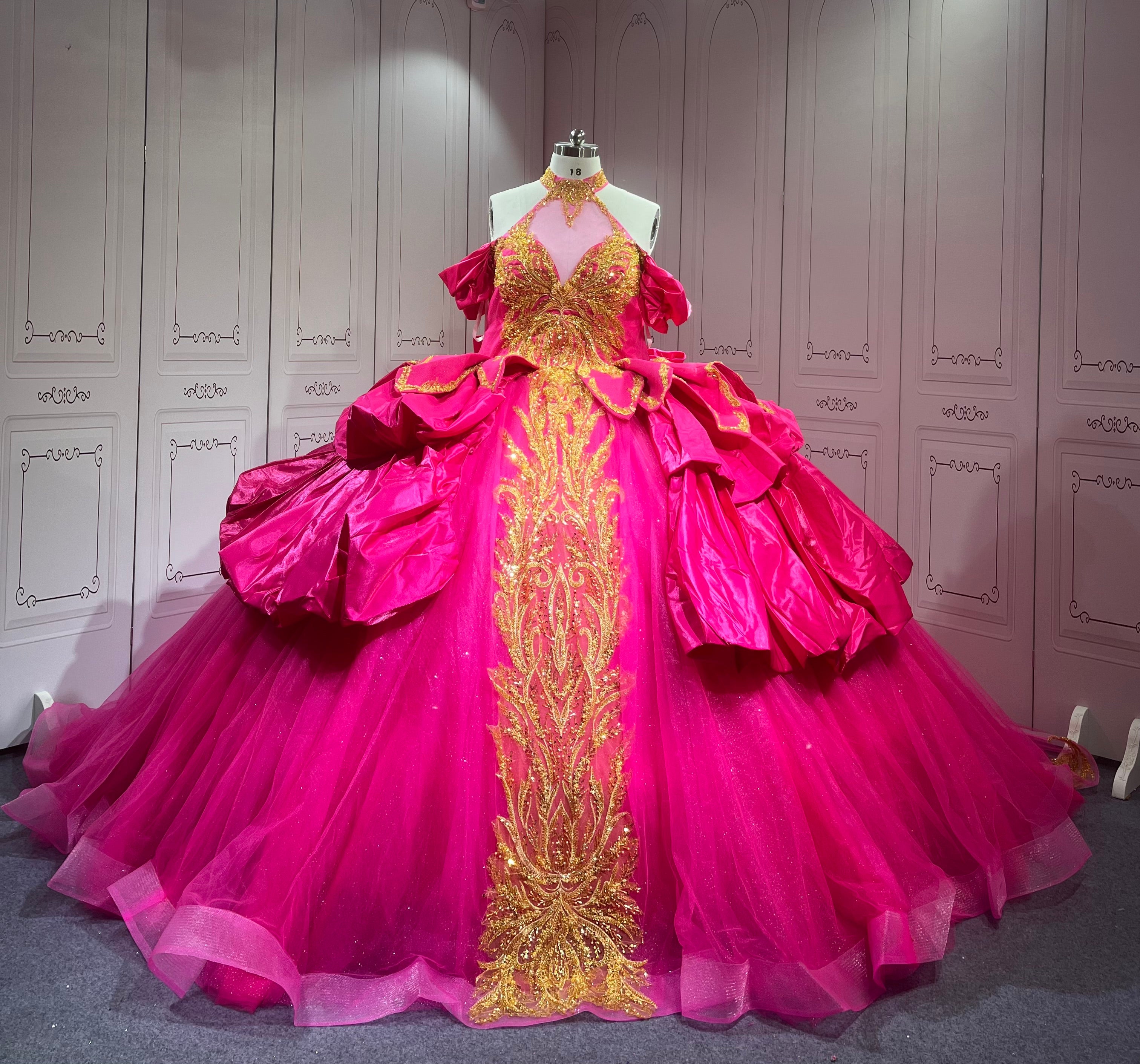 Hot Pink Fuchsia Quinceanera Dress Halter Vestido de XV with Gold Appliques