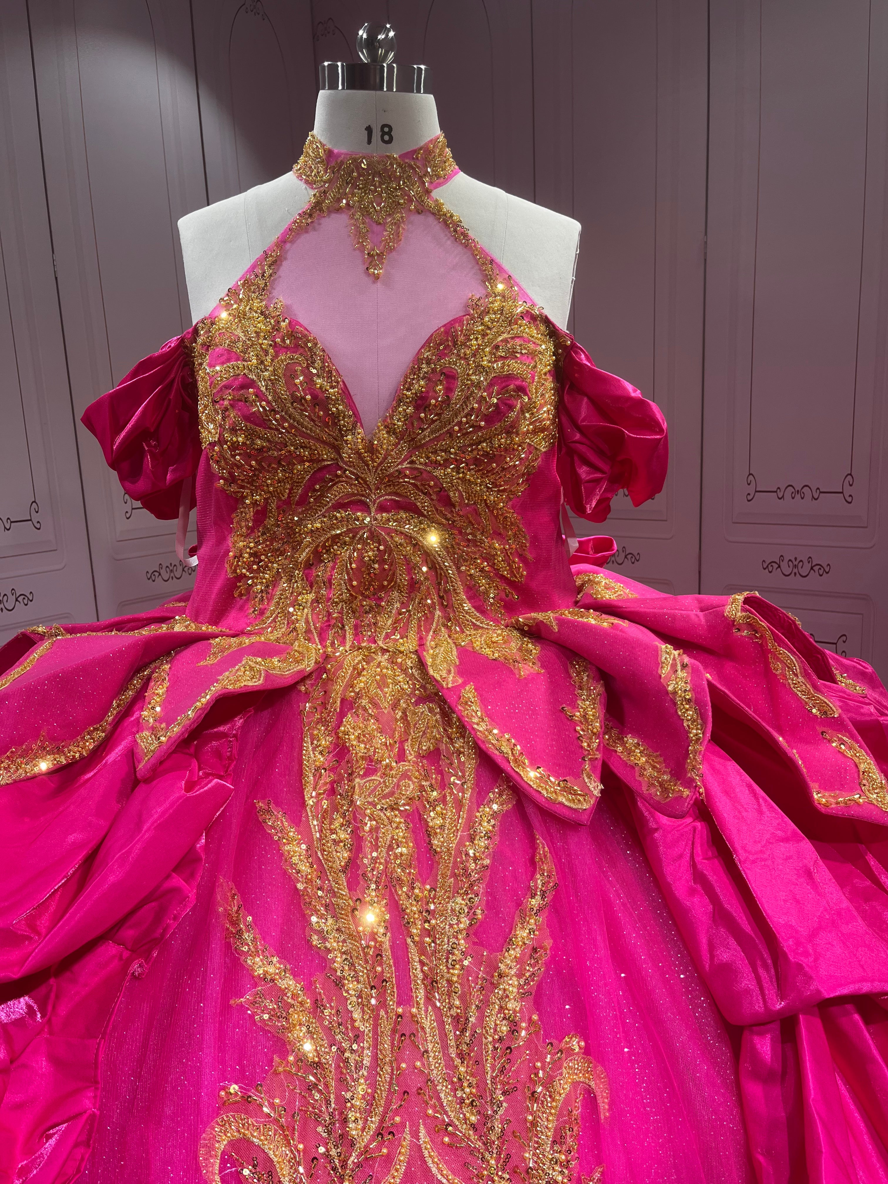 Hot Pink Fuchsia Quinceanera Dress Halter Vestido de XV with Gold Appliques