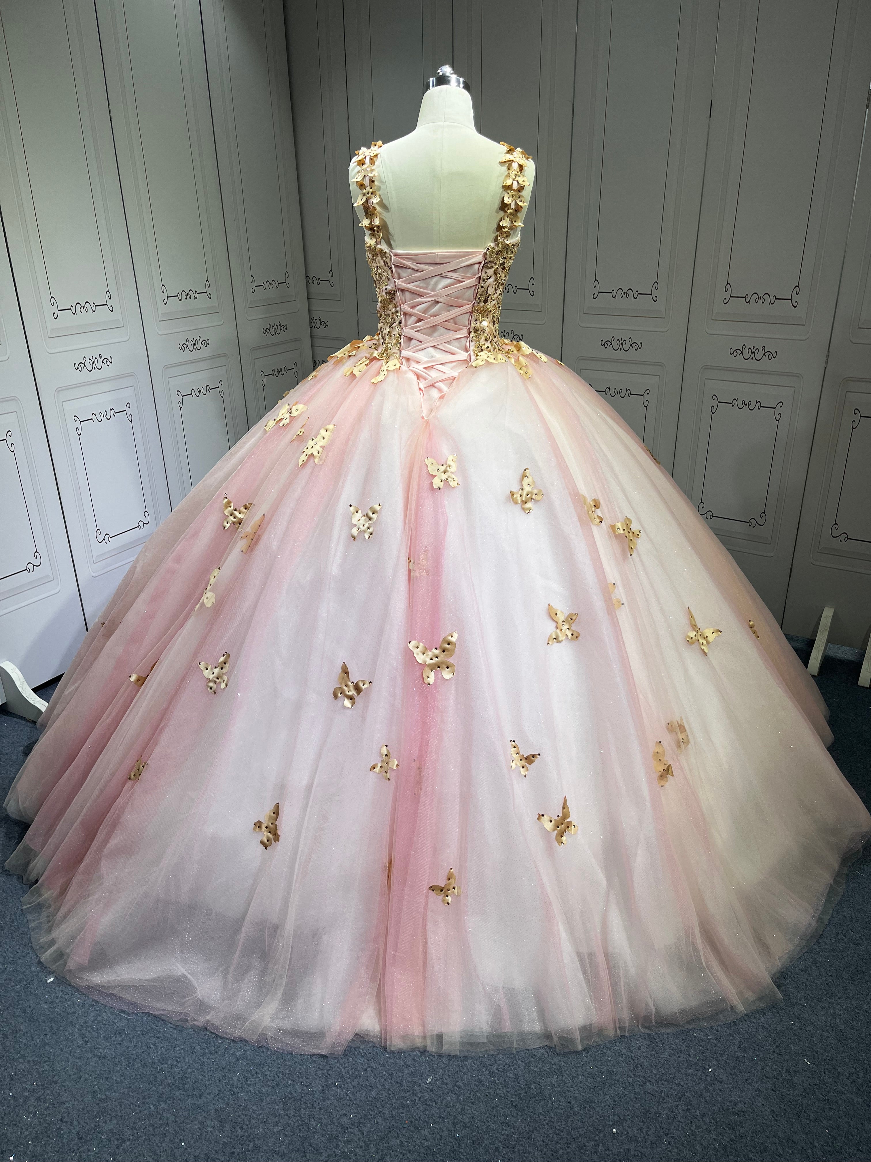 Pink With Rose Gold Butterfly Quinceanera Dresses Ball Gown Vestidos De 15 Aos De Quinceaera Deademas De Quinceaeras
