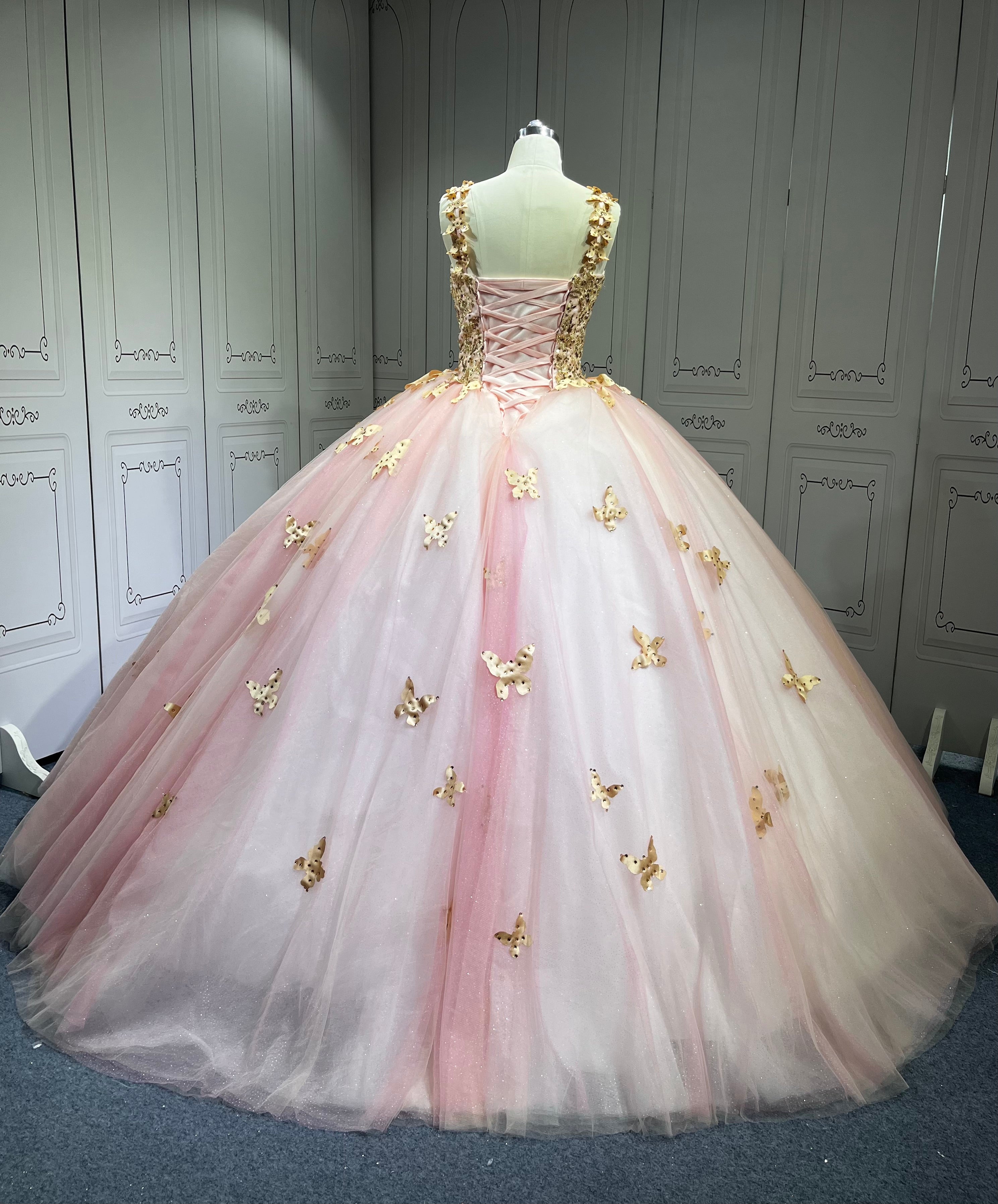 Pink With Rose Gold Butterfly Quinceanera Dresses Ball Gown Vestidos De 15 Aos De Quinceaera Deademas De Quinceaeras