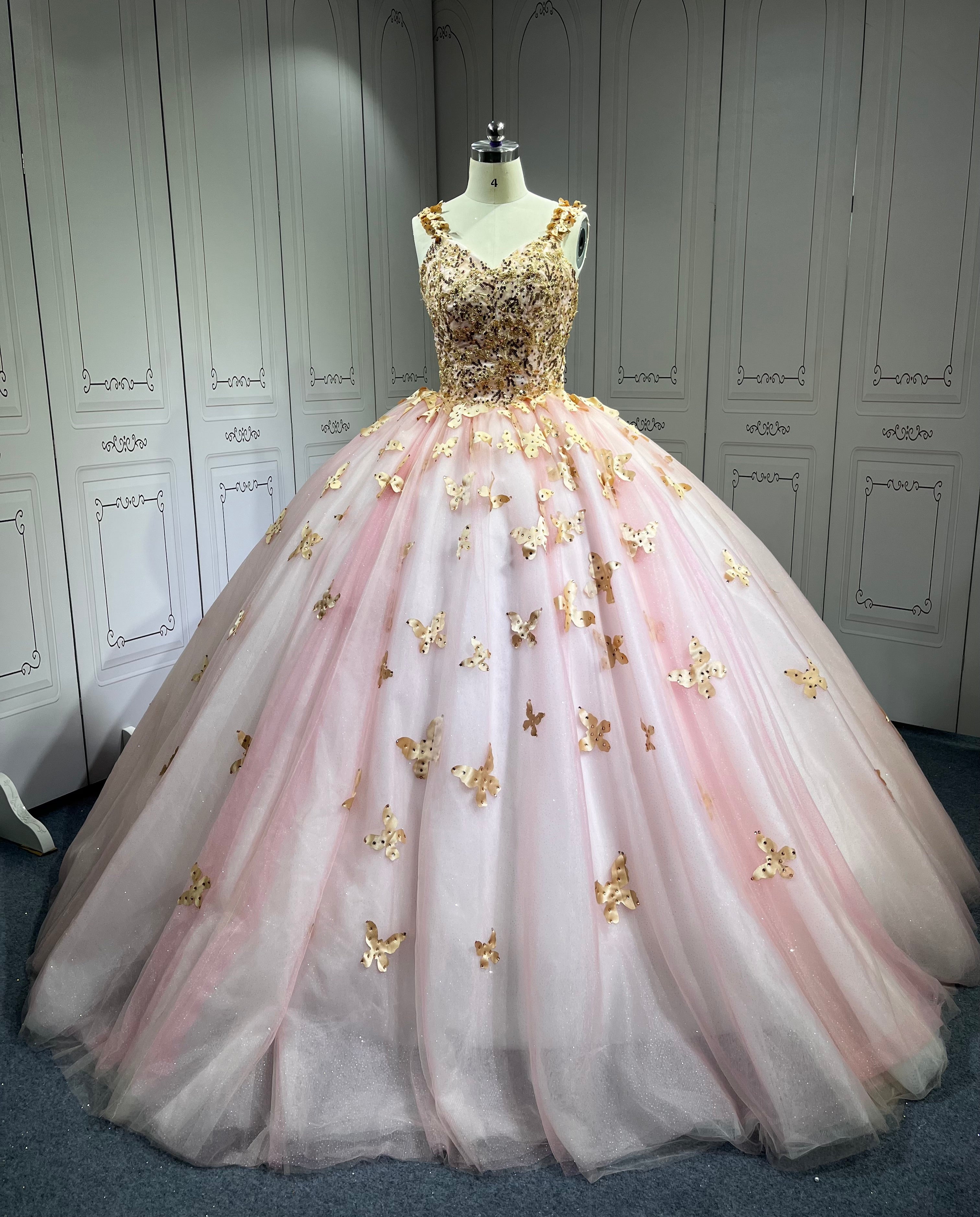 Pink With Rose Gold Butterfly Quinceanera Dresses Ball Gown Vestidos De 15 Aos De Quinceaera Deademas De Quinceaeras
