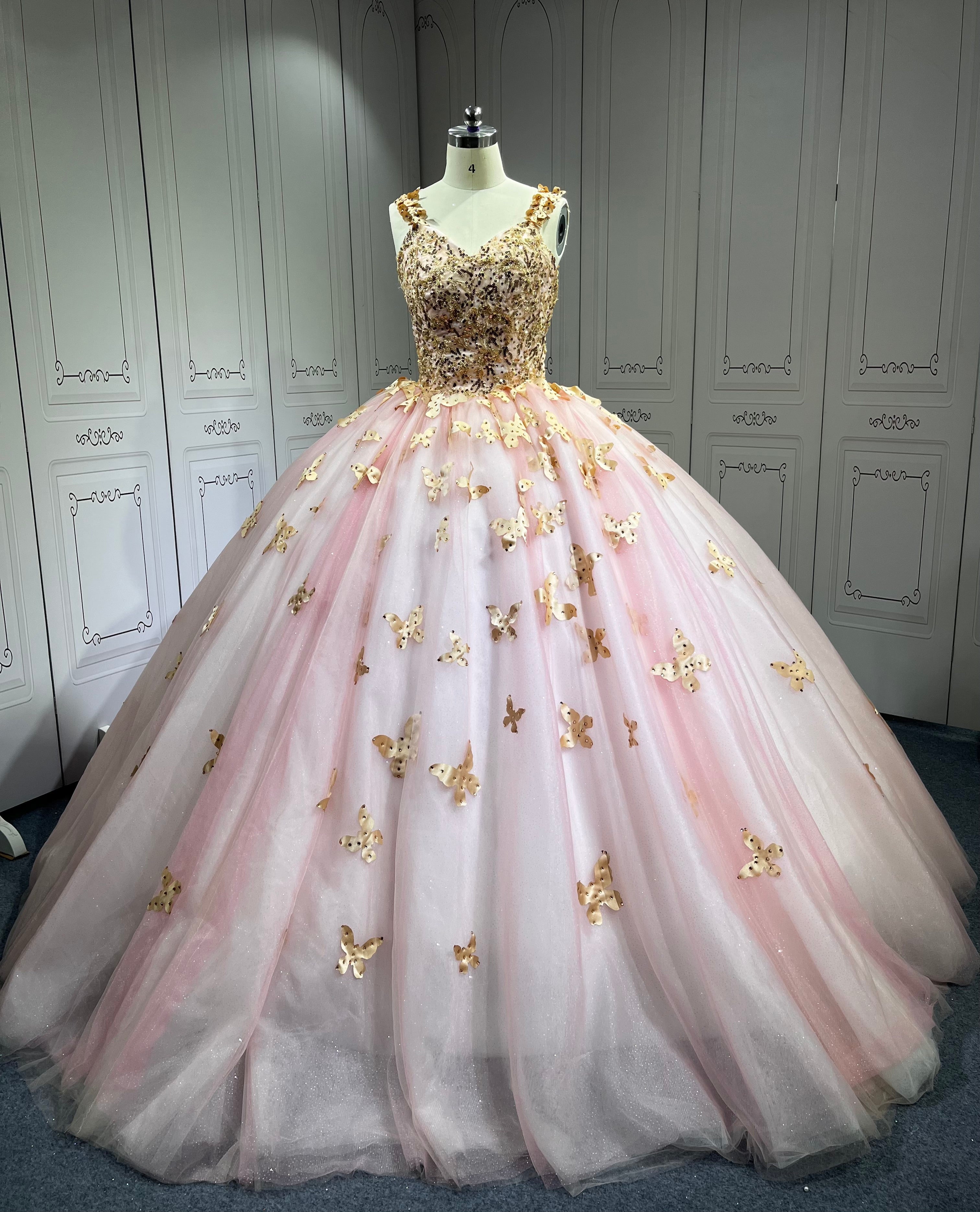 Pink With Rose Gold Butterfly Quinceanera Dresses Ball Gown Vestidos De 15 Aos De Quinceaera Deademas De Quinceaeras