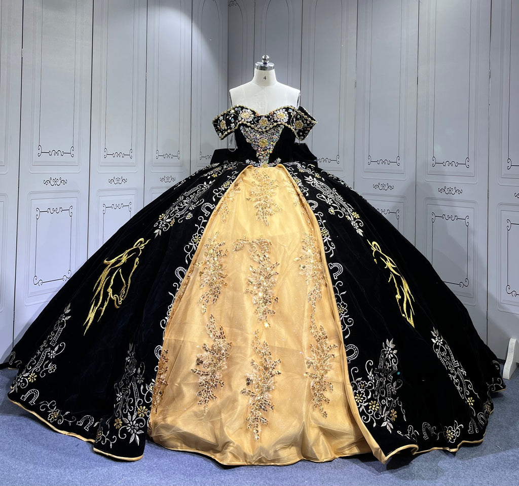 Mumuleo Vestidos 15 Anos Suzhou Factory Directly Vestido De 15 Anos Black and Gold Embroidery Mexican Quinceanera Dresses