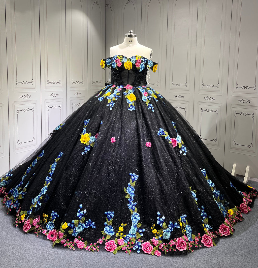 Floral Black Quinceanera Dresses With Flowers Vestidos De Fiesta Prom Dresses Vestidos de 15 Anos Quinceanera 2025