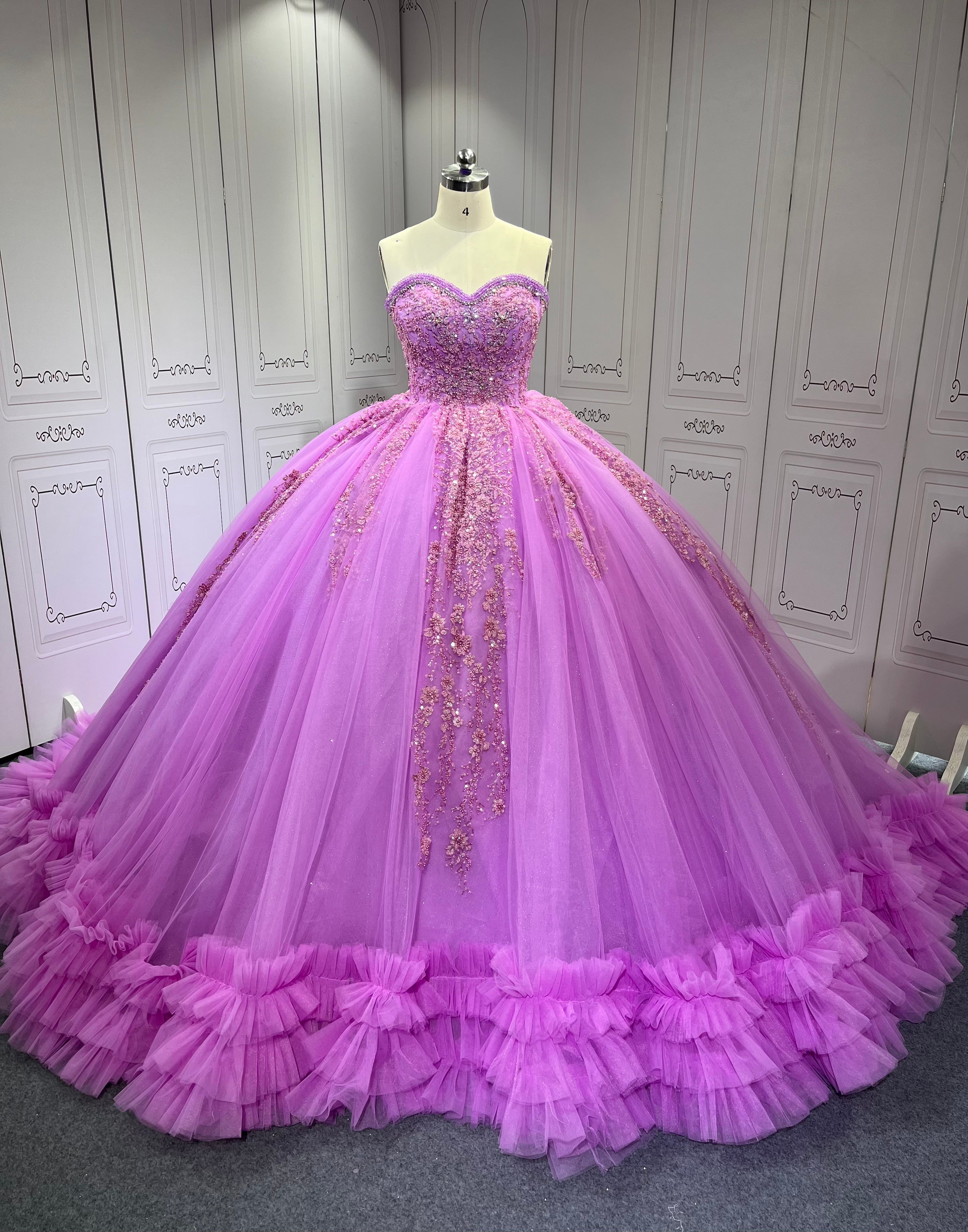 Ruffled Lilac Quince Dress Sleeveless Vestidos De 15 Anos Crystal Strapless Sweet 15 Gowns