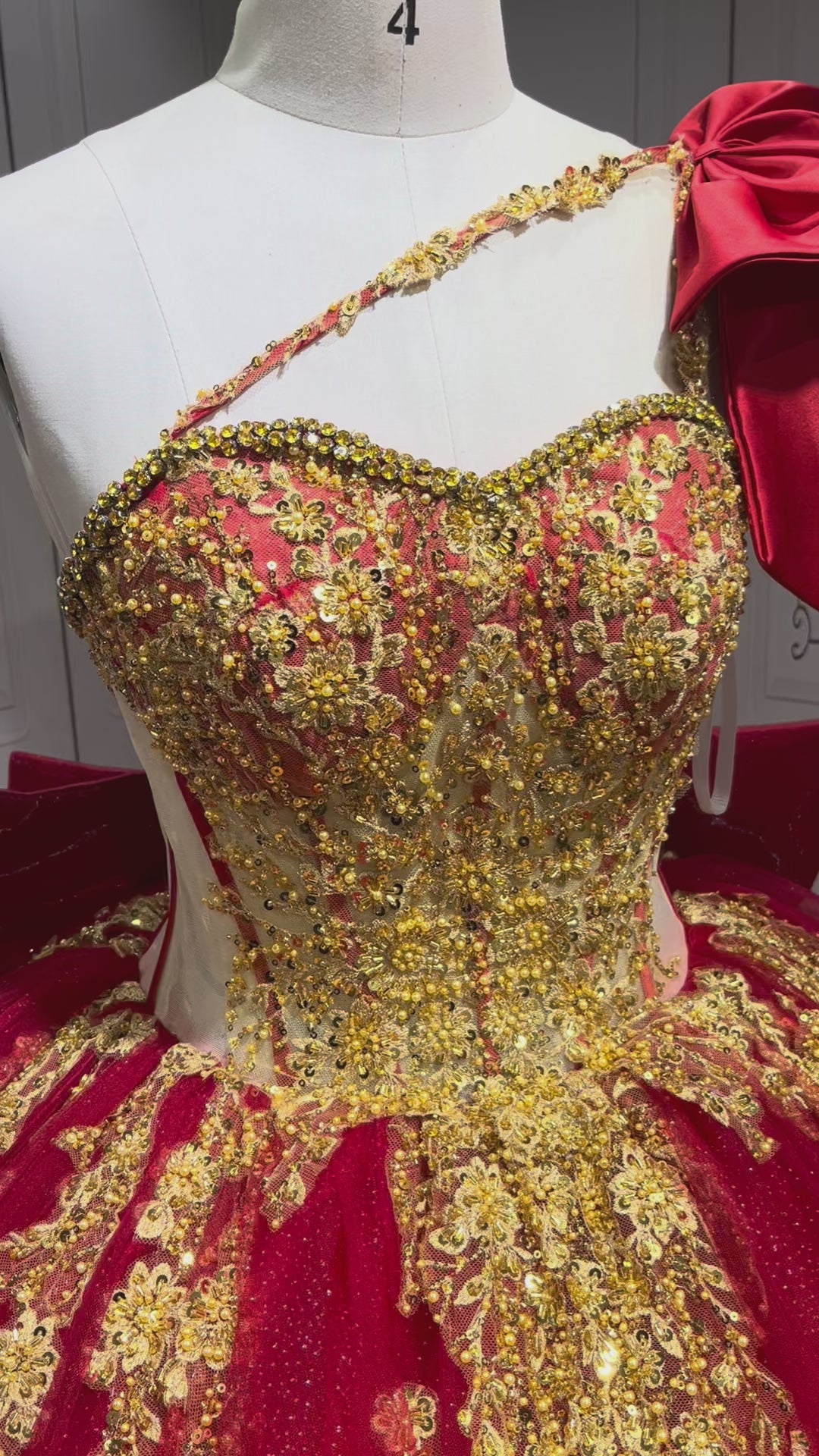 One Shoulder Red With Gold Quinceanera Dress Sleeveless Sweet 15 Gowns Ruffled Princess Dress With Bow And Ruffles
