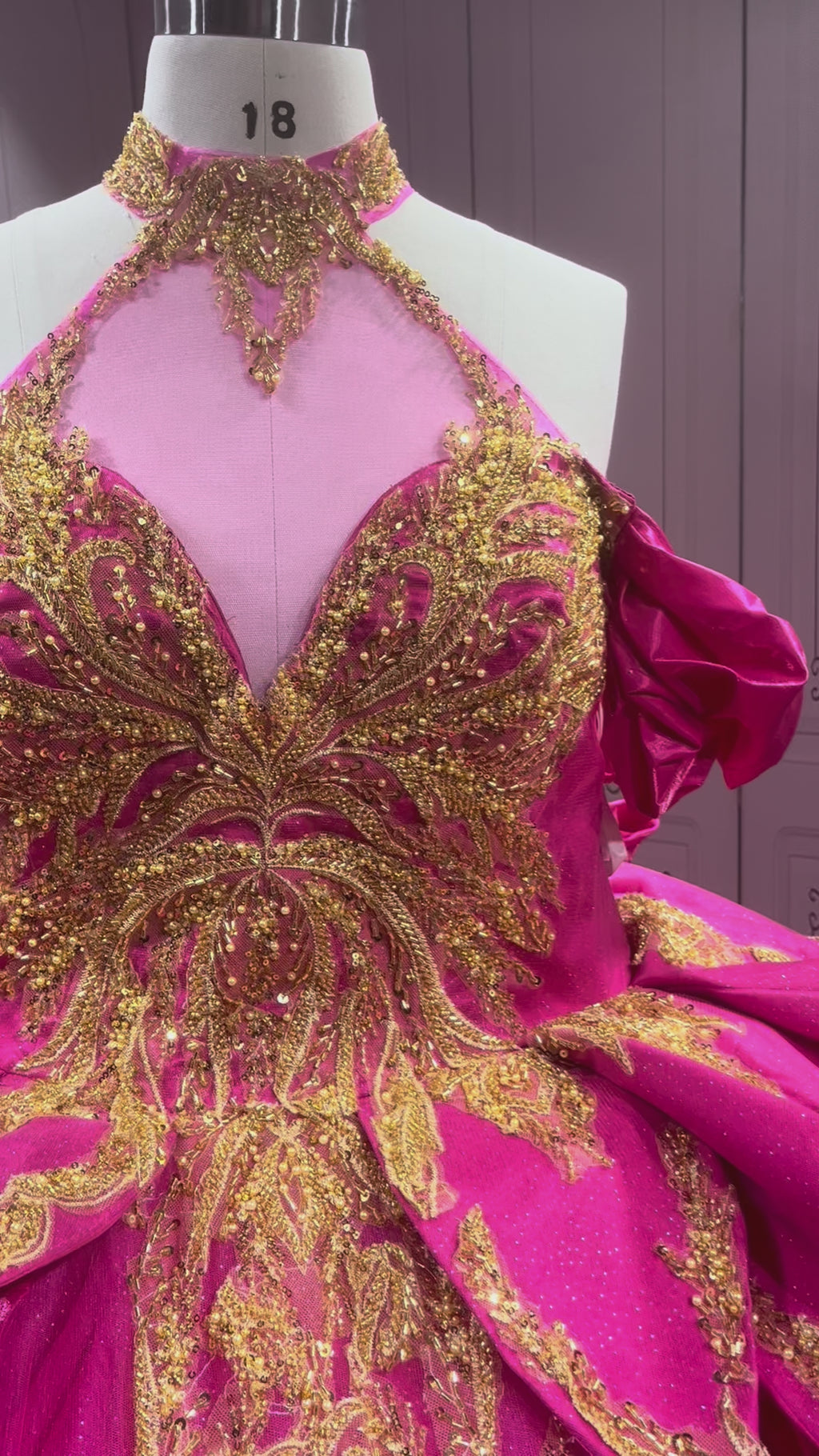 Hot Pink Fuchsia Quinceanera Dress Halter Vestido de XV with Gold Appliques