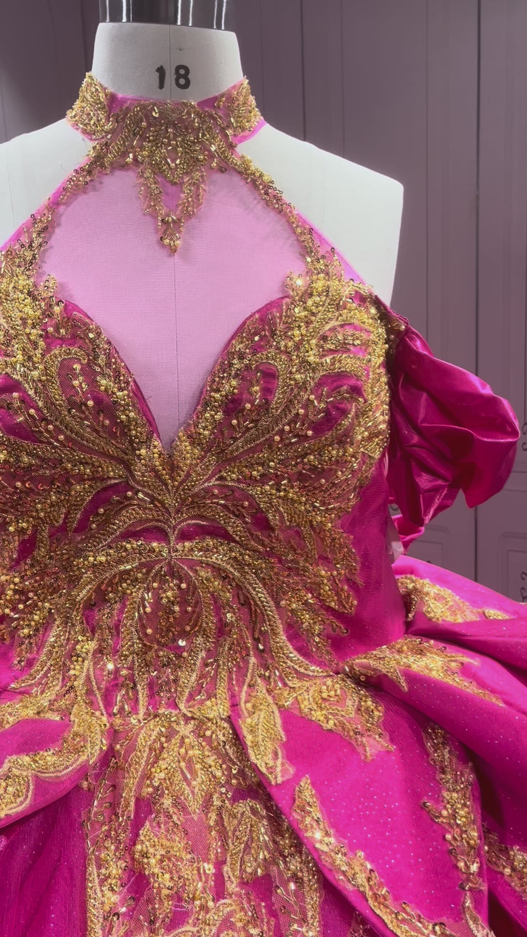 Hot Pink Fuchsia Quinceanera Dress Halter Vestido de XV with Gold Appliques