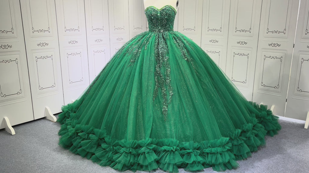 Ruffled Green Quince Dress Sleeveless Vestidos De 15 Anos Crystal Strapless Sweet 15 Gowns